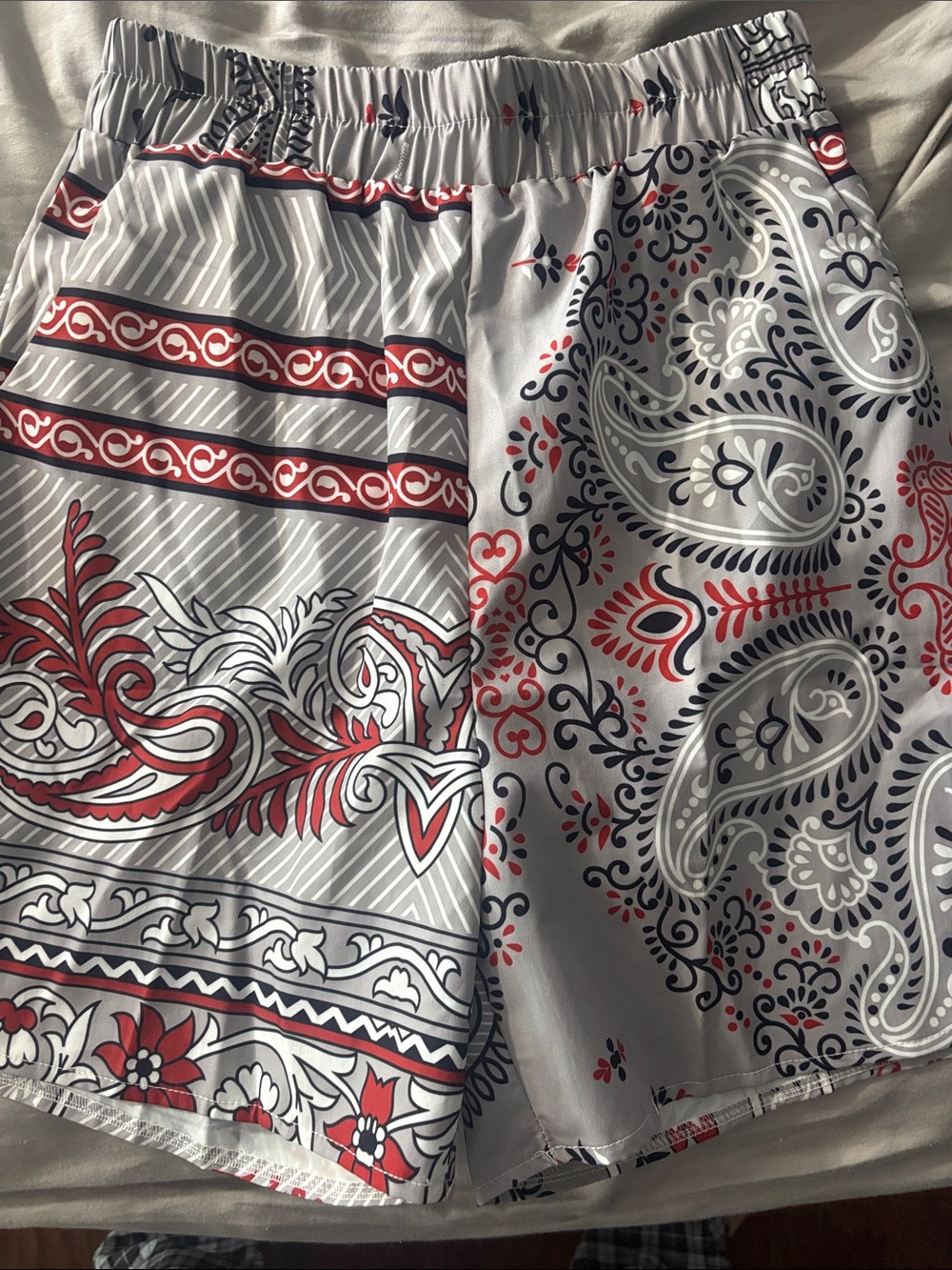 ROMWE Gray, Red, and Black Paisley Athletic Shorts